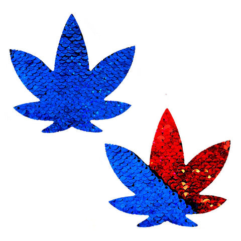 American Spirit Blue & Red Flip Sequins Dope Af Weed Leaf Nipple Cover Pasties