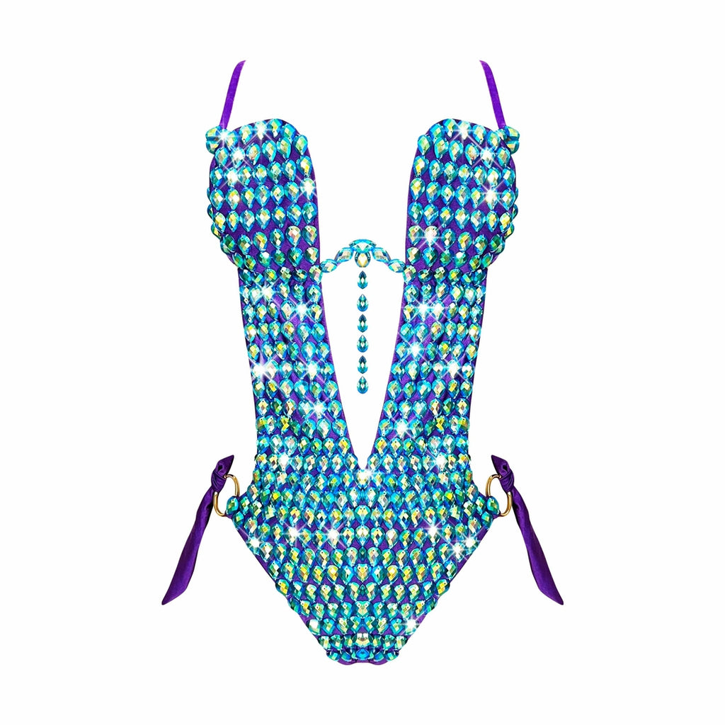 Peacock Royal Blue Green Crystal One Piece Bodysuit