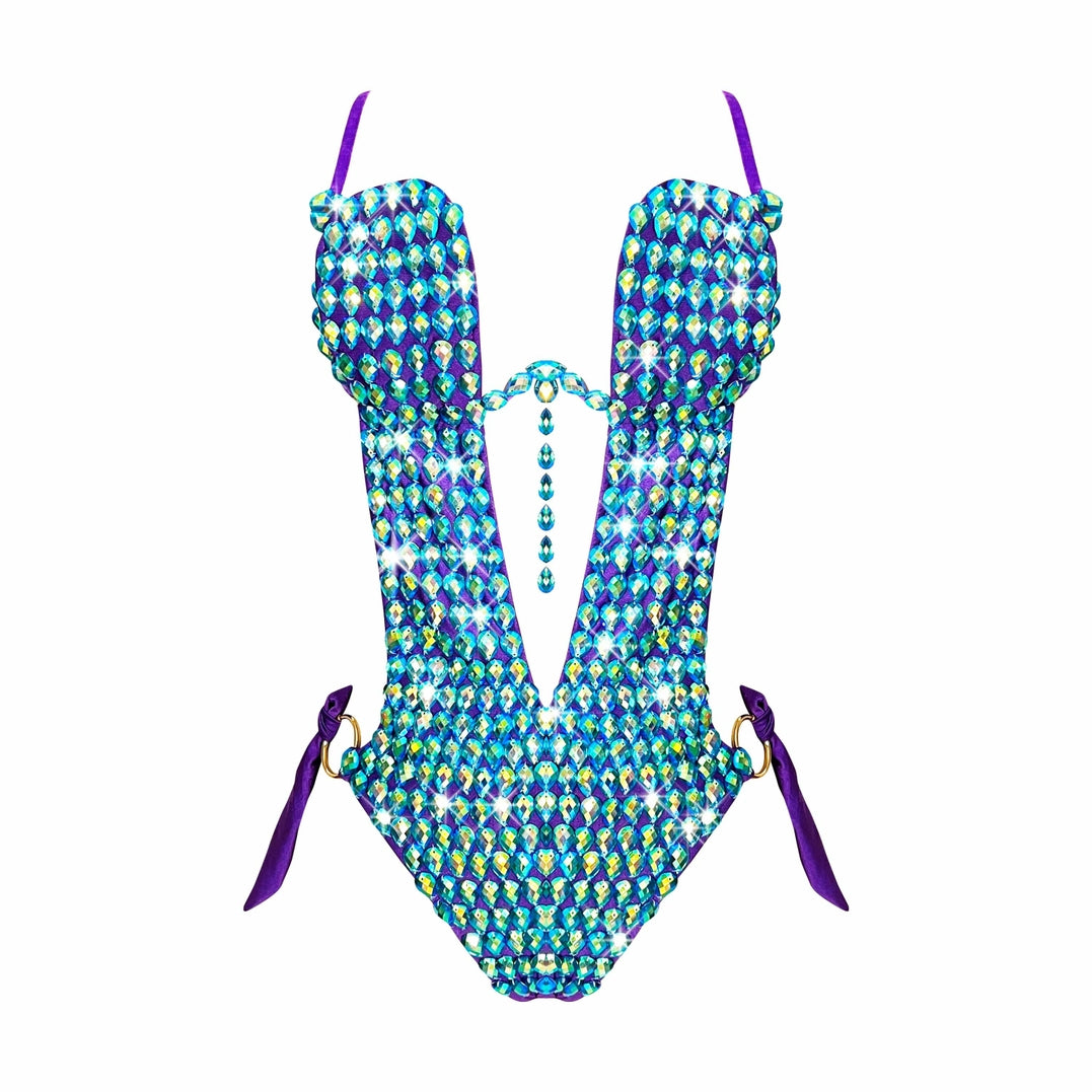 Peacock Royal Blue Green Crystal One Piece Bodysuit